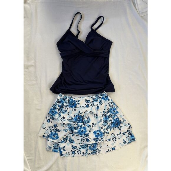 Women's Yoniqui Tankini & Swim Skirt Set, Blue/White, Size Large, Flowers - Picture 1 of 9